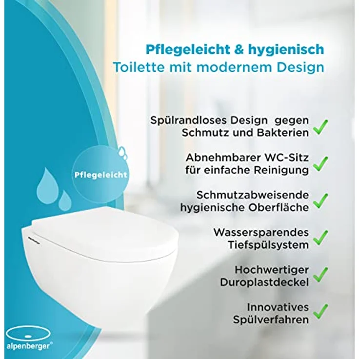 Alpenberger Dusch WC Toilette aus Keramik | Hänge WC Spülrandlos mit Bidet & Toilettendeckel mit Absenkautomatik | Taharet WC | Kloschüssel Passend zu Geberit (Diamond 7101) – Bild 5