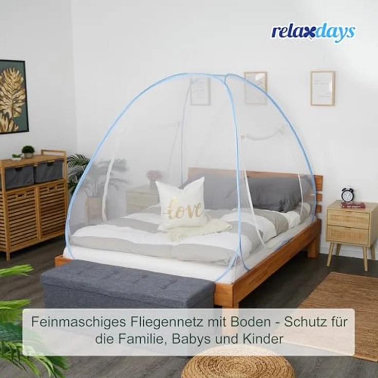 relaxdays Faltbares Moskitonetz, 180 x 200 x 150 cm, weiß/türkise Farbe, automatisches Pop-Up-Design, zwei Eingänge mit Reißverschlüssen, integrierte Bodenabdeckung – Bild 2