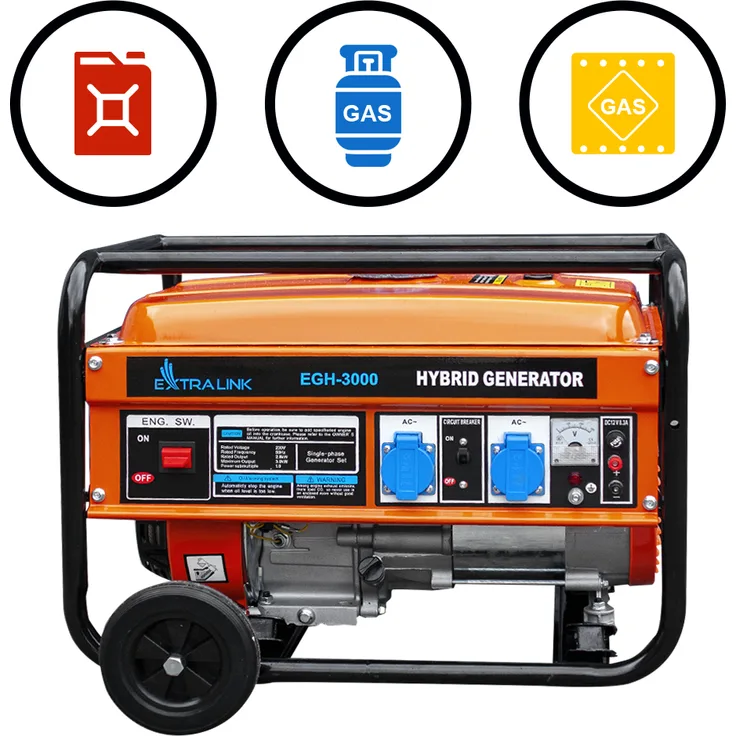 Extralink EGH-3000 Stromgenerator Hybrid Gas LPG CNG Benzin 3kW 1F Generator 3000W Tankvolumen 15L Easy-Start 2x AC 230V Camping, Schwarz