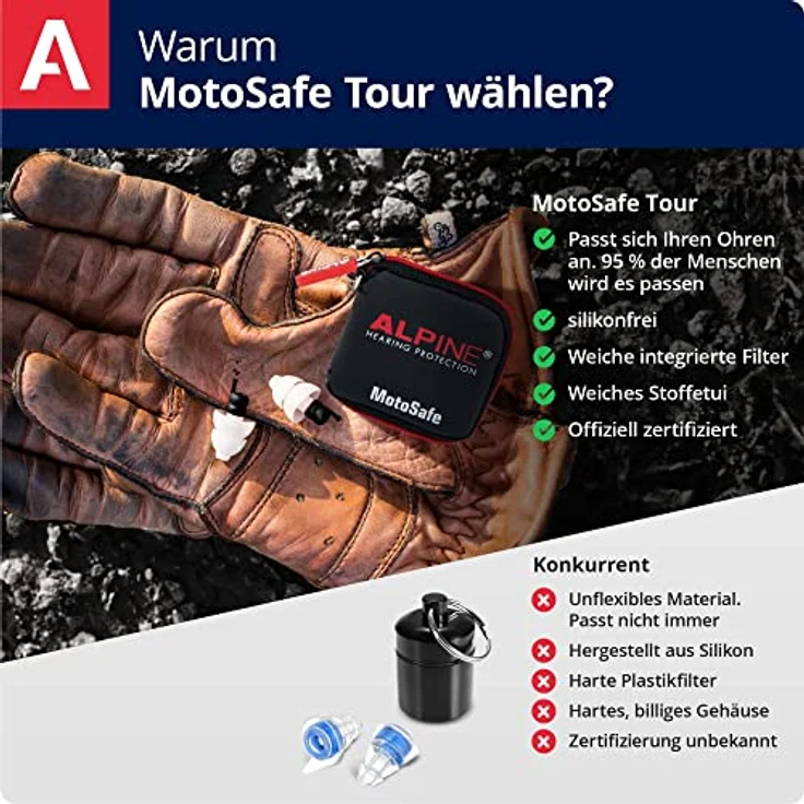 Alpine MotoSafe Tour Gehörschutz Ohrstöpsel Touringstöpsel - Verhindern Gehörschäden vom Motorradfahren - Verkehr noch hörbar - Bequemes hypoallergenes Material - Wiederverwendbar – Bild 5