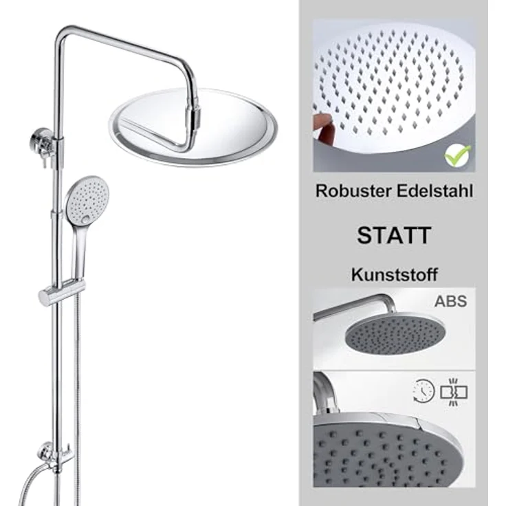 JOHO Edelstahl Duschset Duschsystem ohne Armatur, Regendusche mit 25cm Kopfbrause, verstellbarer Duschstange und Wasserspartechnik, Chrom – Bild 2