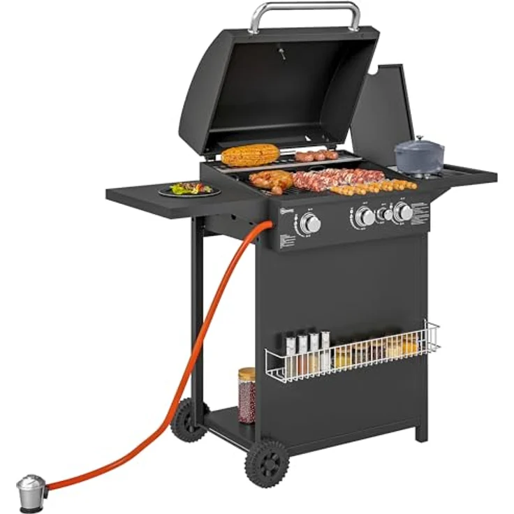 Outsunny Gasgrill BBQ 9,5 KW Grillwagen, 4 Brenner, Seitenkocher, 2 Heizzonen, Thermometer, 123x57x98 cm, für Balkon und Garten – Bild 1