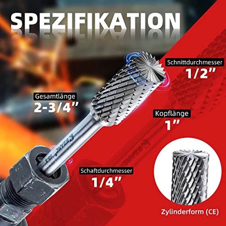 EZARC SB-5 Hartmetall Frässtifte, Doppelschnitt Drehfeile, Zylinderform mit 1/4-Zoll(6mm)-Schaft, 1/2" Schneiddurchmesser für Stahlmetallbearbeitung, Polieren und Gravieren – Bild 4
