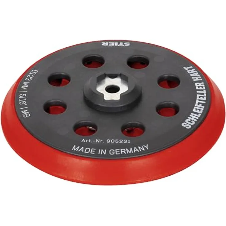 STIER Schleifteller D123mm, Stützteller hart mit Klett, für Exzenterschleifer, inkl. Adapter für 5/16“ & M8 Gewinde, optimale Absaugung, made in Germany