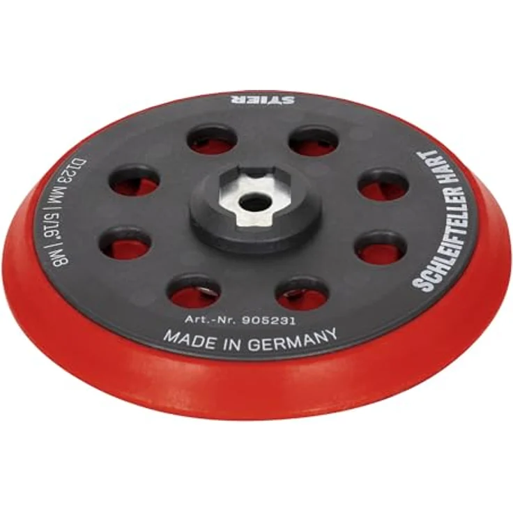 STIER Schleifteller D123mm, Stützteller hart mit Klett, für Exzenterschleifer, inkl. Adapter für 5/16“ & M8 Gewinde, optimale Absaugung, made in Germany – Bild 1