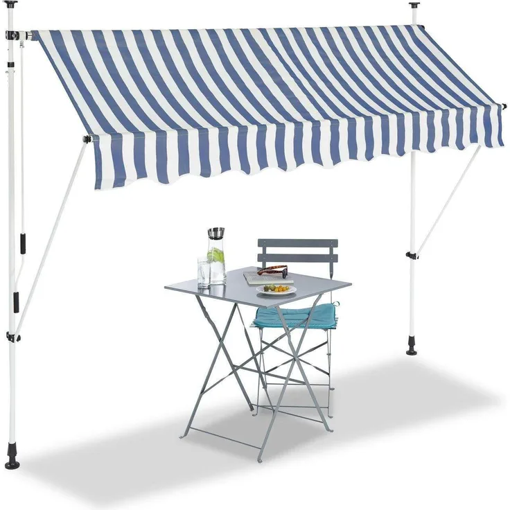 Bc-elec HHYVA2512-Bluewhite, Manuell einziehbare Markise 250x120cm, wasser- und UV-beständig, weiß und blau