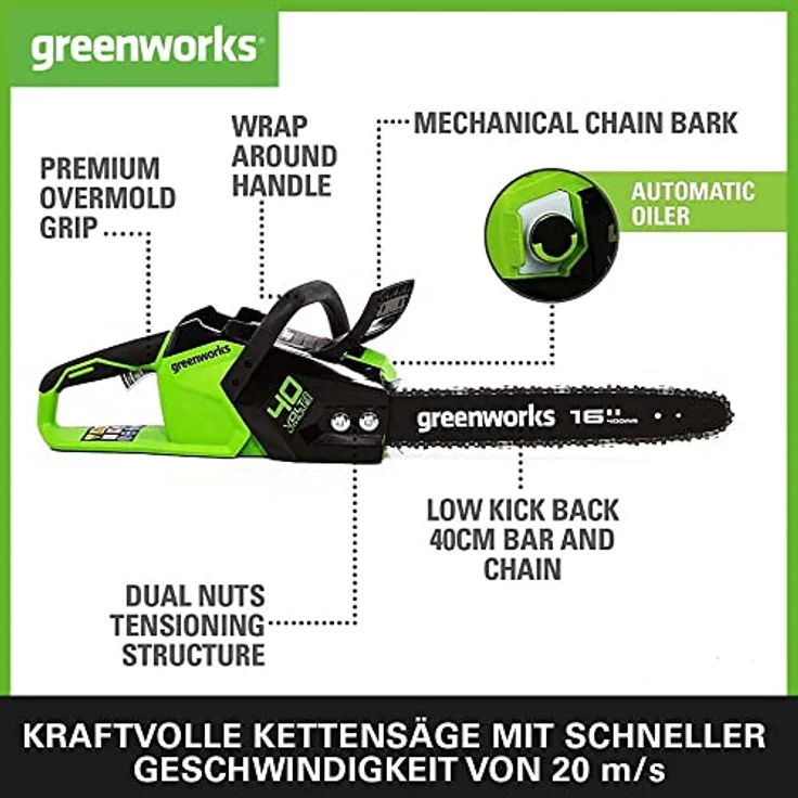Greenworks Kettensäge GD40CS18 Li-Ion 40V 20 m s Kettengeschwindigkeit 1,8 kW Leistung – Bild 2
