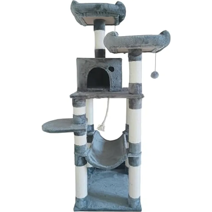 Dehner Lieblinge Kratzbaum Akiro, Abwechslungsreicher Kletterbaum für Katzen in grau/beige, mit Höhle, Hängematte, Spielbällen und Seil