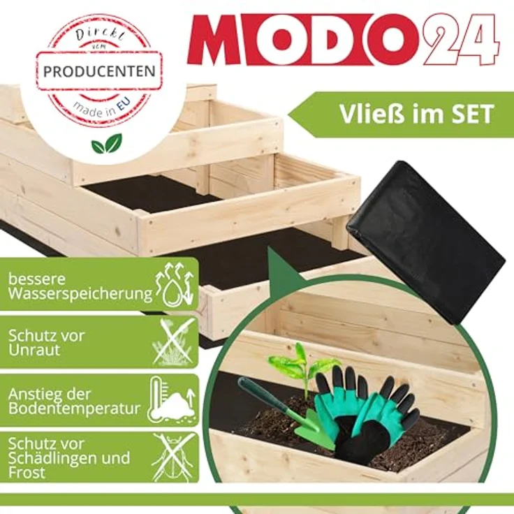 MODO24 Hochbeet Holz, 4-stufiger Pflanzkasten für Gemüse und Kräuter, mit Gartenvlies, Abmessungen 54x30x120 cm, Farbe: Grau – Bild 3