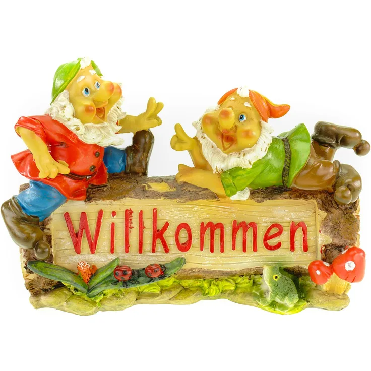 Welcome Gartenzwerg auf Holzstamm 26 cm Gnom Figur Gartenfigur Zwerg