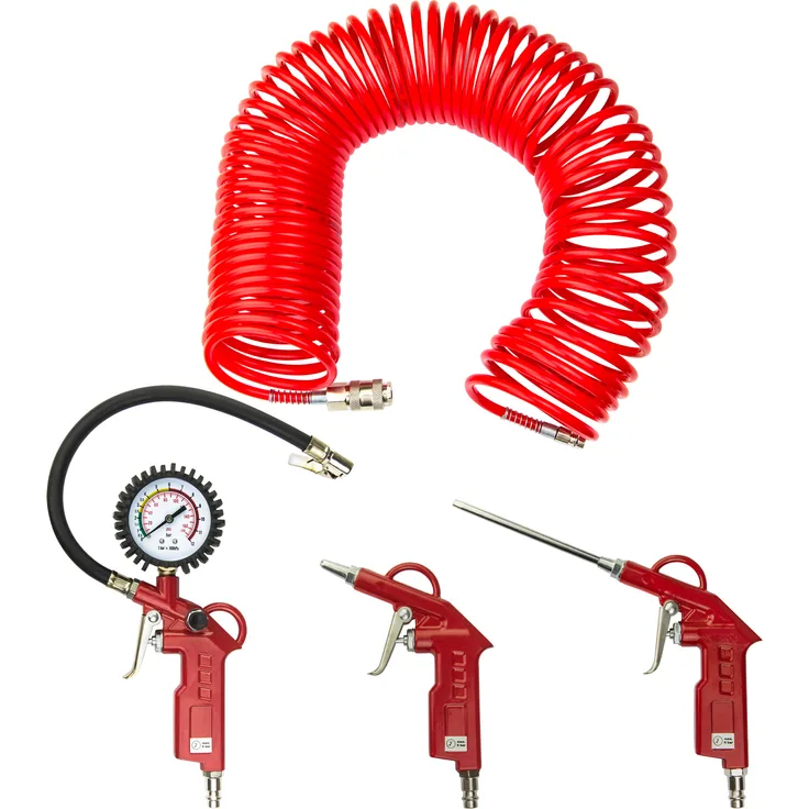 dema Druckluft Werkzeugset 4 teilig Ausblaspistole Reifenfüller Spiralschlauch