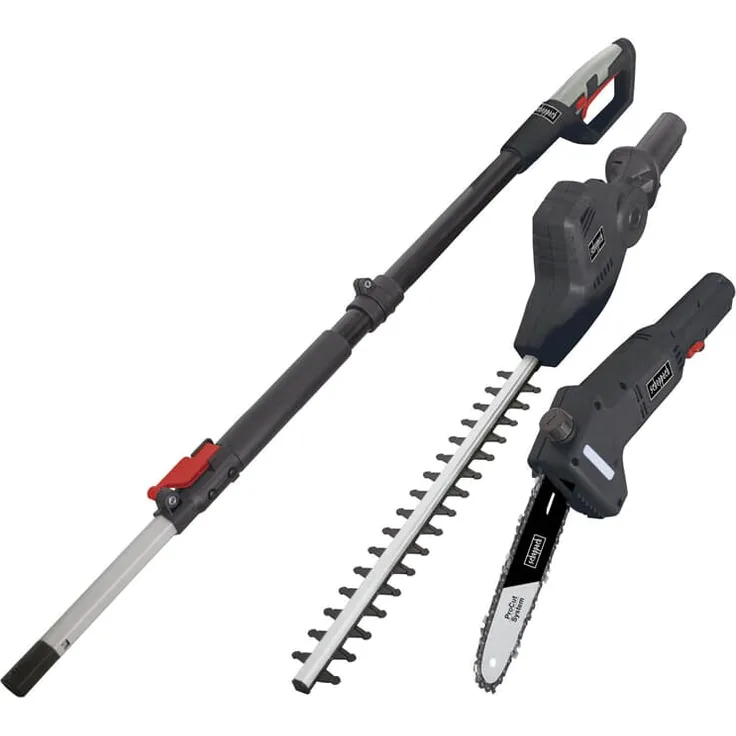 Scheppach Elektro Teleskop Hochentaster und Heckenschere TPX710, 230V 710W, ausziehbar bis zu 4,5m Arbeitshöhe, Schnellwechselsystem, Mini Kettensäge, ProCut-Schwert, inkl. Gurt