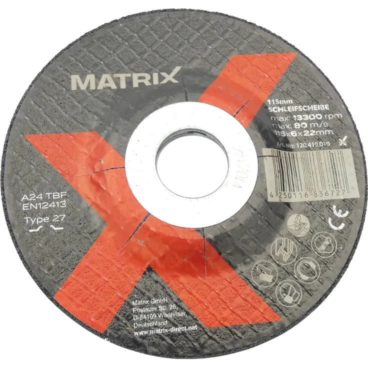 MATRIX Schleifscheibe für Metall 115mm Durchmesser 22mm Achsbohrung