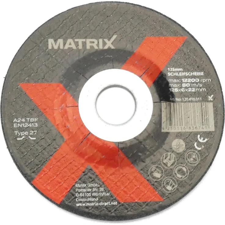 MATRIX Schleifscheibe für Metall 125mm Durchmesser 22mm Achsbohrung
