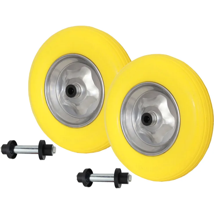 2x Schubkarrenrad pannensicher 4.80-4.00-8 mit Achse PU Stahlfelge 200 kg Vollgummi