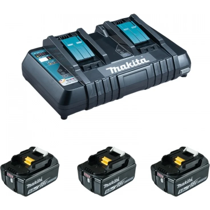 Makita BL1850B Akku-Set Li-Ion 18V LXT 5 Ah 3 x Akku mit Doppelladegerät mit Ladestandsanzeige – Bild 1
