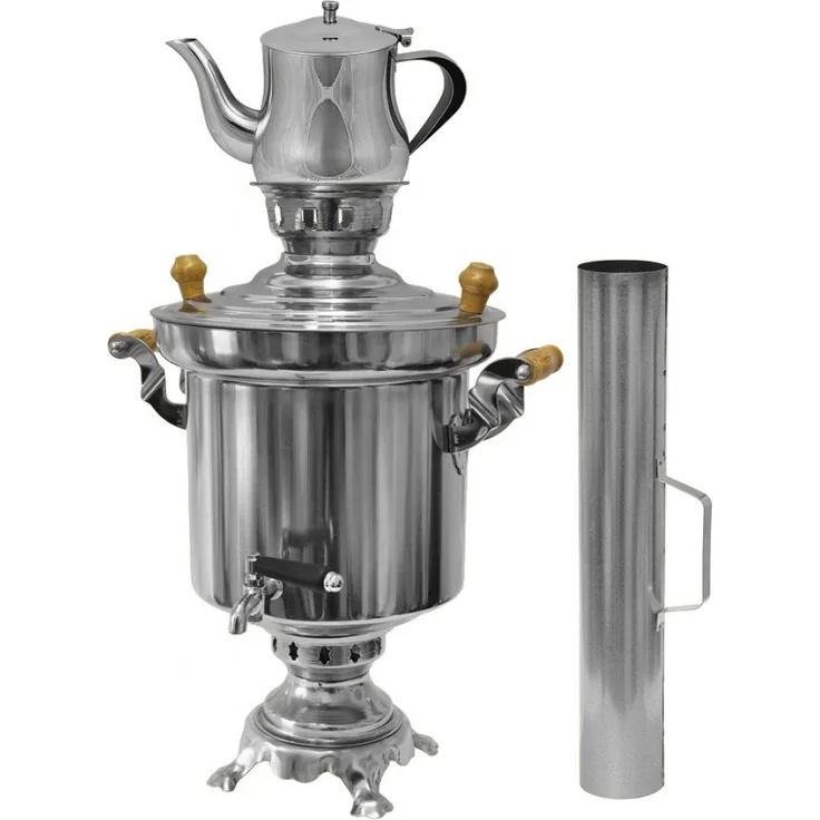 Edelstahl Holzkohle Samowar 5 Liter mit 0,9 Liter Teekanne + Schornstein Wasserk