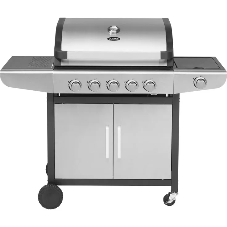 JUSTUS Gasgrill Ares Pro, mit Unterschrank, 5+1 Brenner, Edelstahl, Grillfläche 65x41 cm inkl. Anschlussarmatur, Warmhalterost, Edelstahlhaube, Temperaturanzeige