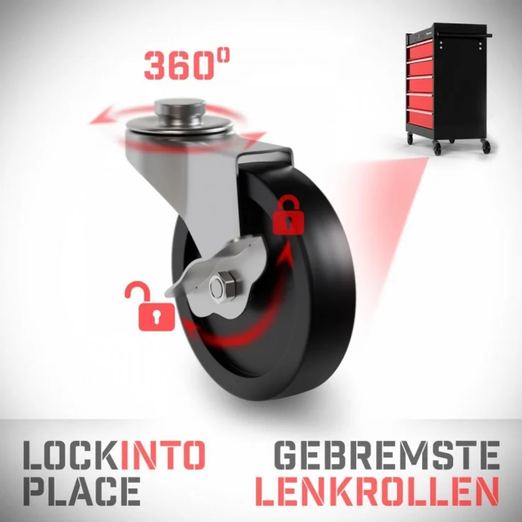 TIMBERTECH® Werkstattwagen auf Rollen - leer, 5 Schubladen mit Einlagen, abschließbar, Feststellbremse, aus Stahl, Rot-Schwarz - Werkzeugwagen, Montagewagen, Rollwagen für Werkstatt Werkzeug Zubehör – Bild 4