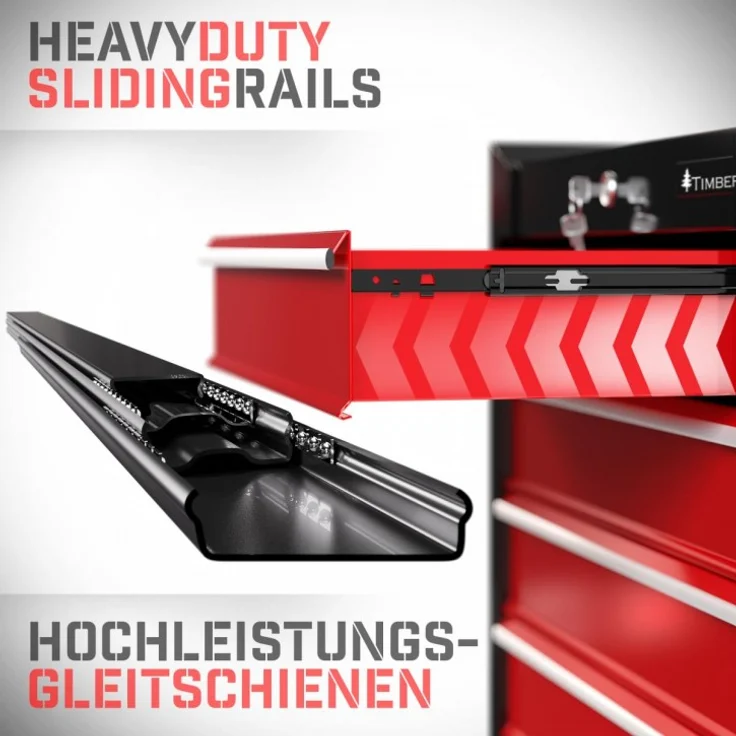 TIMBERTECH® Werkstattwagen auf Rollen - leer, 5 Schubladen mit Einlagen, abschließbar, Feststellbremse, aus Stahl, Rot-Schwarz - Werkzeugwagen, Montagewagen, Rollwagen für Werkstatt Werkzeug Zubehör – Bild 2