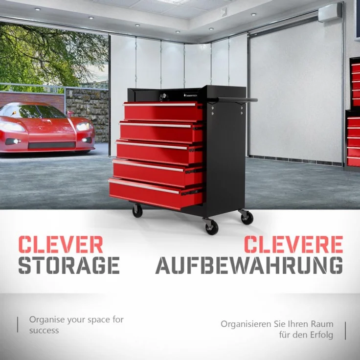 TIMBERTECH® Werkstattwagen auf Rollen - leer, 5 Schubladen mit Einlagen, abschließbar, Feststellbremse, aus Stahl, Rot-Schwarz - Werkzeugwagen, Montagewagen, Rollwagen für Werkstatt Werkzeug Zubehör – Bild 6