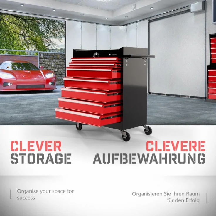 TIMBERTECH® Werkstattwagen auf Rollen - leer, 7 Schubladen mit Einlagen, abschließbar, Feststellbremse, aus Stahl, Rot-Schwarz - Werkzeugwagen, Montagewagen , Rollwagen für Werkstatt Werkzeug Zubehör – Bild 2
