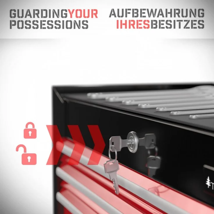 TIMBERTECH® Werkstattwagen auf Rollen - leer, 7 Schubladen mit Einlagen, abschließbar, Feststellbremse, aus Stahl, Rot-Schwarz - Werkzeugwagen, Montagewagen , Rollwagen für Werkstatt Werkzeug Zubehör – Bild 7