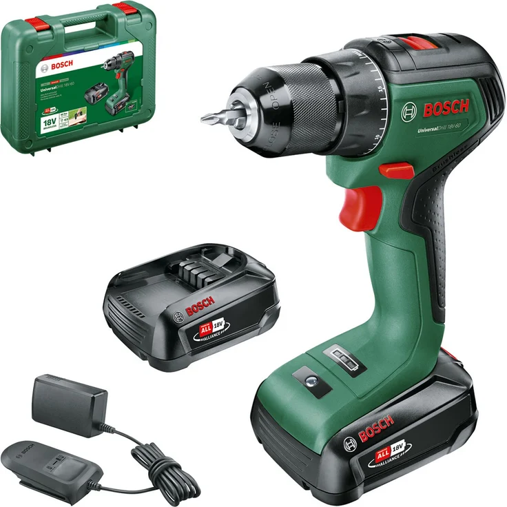 Bosch UniversalDrill 18V-60 06039D7001 Power for All 18V Akku-Bohrschrauber 2x 2 Ah mit Akku mit Ladegerät mit Tragekoffer – Bild 1