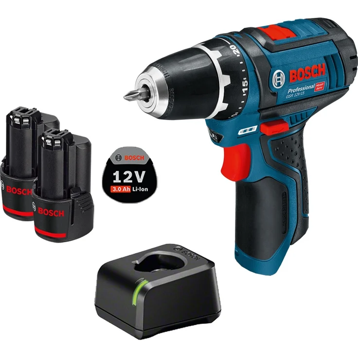Bosch Professional Akku-Bohrschrauber GSR 12V-15 12 V / 2x 3,0 Ah Akku + Ladegerät
