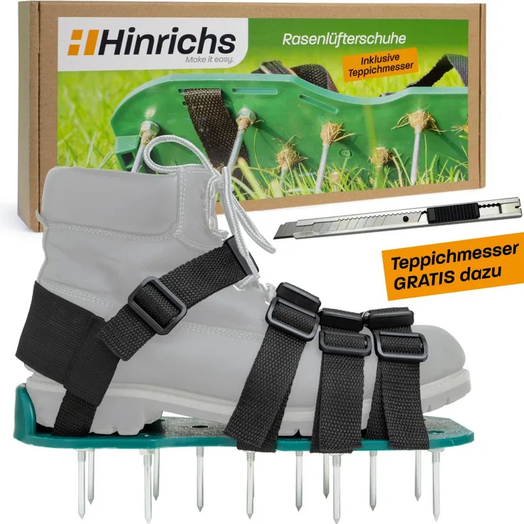 ILP GmbH Hinrichs Rasenlüfterschuhe mit 4 Klemmriemen und rostfreien Dornen inklusieve Cuttermesser, Tragetasche und 3 Ersatznägeln