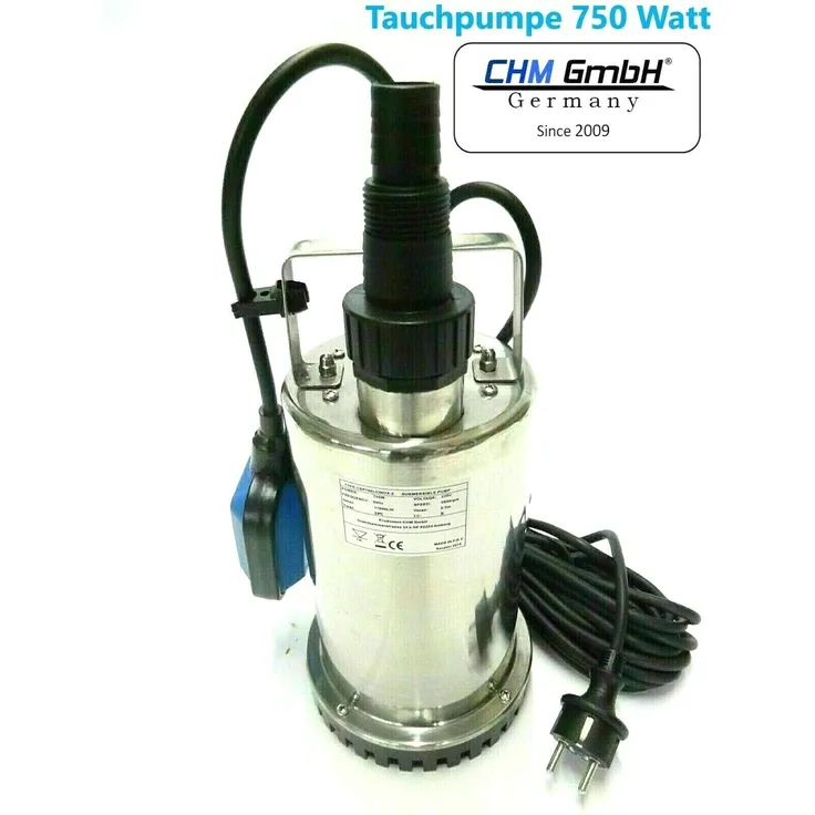 CHM GmbH Flachsaugpumpe Edelstahl 750 Watt Kellerpumpe, Tauchpumpe, Poolpumpe