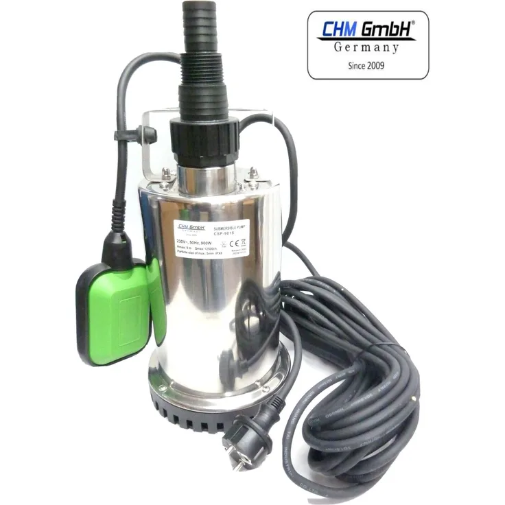 CHM GmbH Flachsaugpumpe Edelstahl 900 Watt Kellerpumpe, Tauchpumpe, Poolpumpe