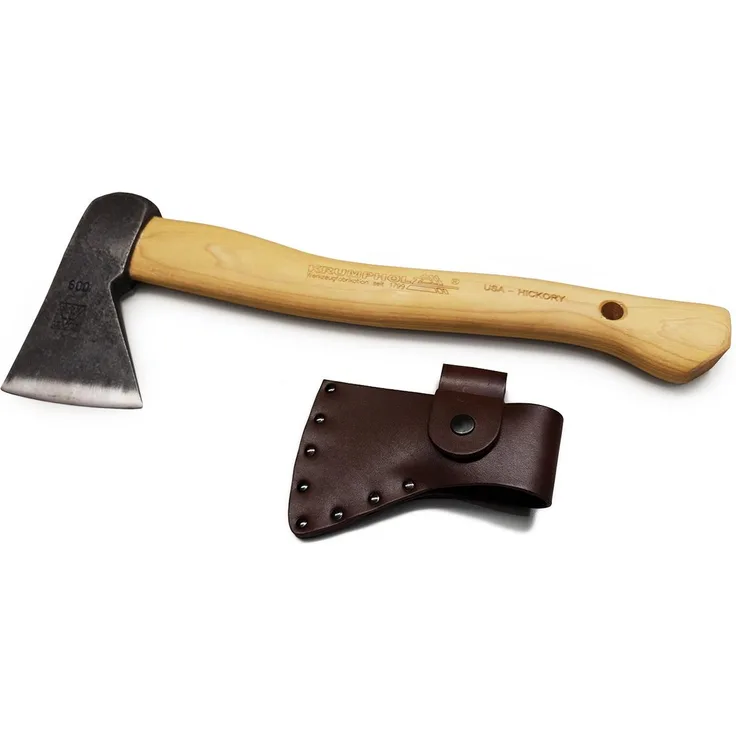 Krumpholz, Wildererbeil mit Hickory-Kuhfuß-Stiel und Lederschutz