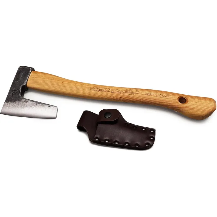 Krumpholz, Jägerbeil mit Hickory-Kuhfuß-Stiel und mit Lederschutz