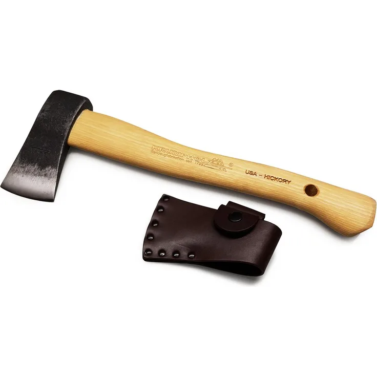 Krumpholz, Waldläuferbeil mit Hickory-Kuhfuß-Stiel und mit Lederschutz