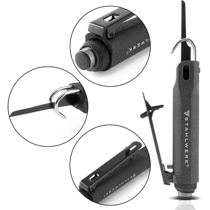 STAHLWERK Mini Druckluft Stichsäge mit bis zu 9.000 Hüben-min Karosseriesäge zum Schneiden von Holz, Metall sowie Karosserieblechen