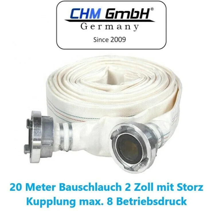 CHM GmbH 20m Bauschlauch 2'' Feuerwehrschlauch 8 Bar mit C-Storz Anschlüsse