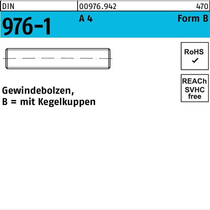 Gewindebolzen DIN 976 Kegelkuppen BM 12x 160 A 4 25 Stück