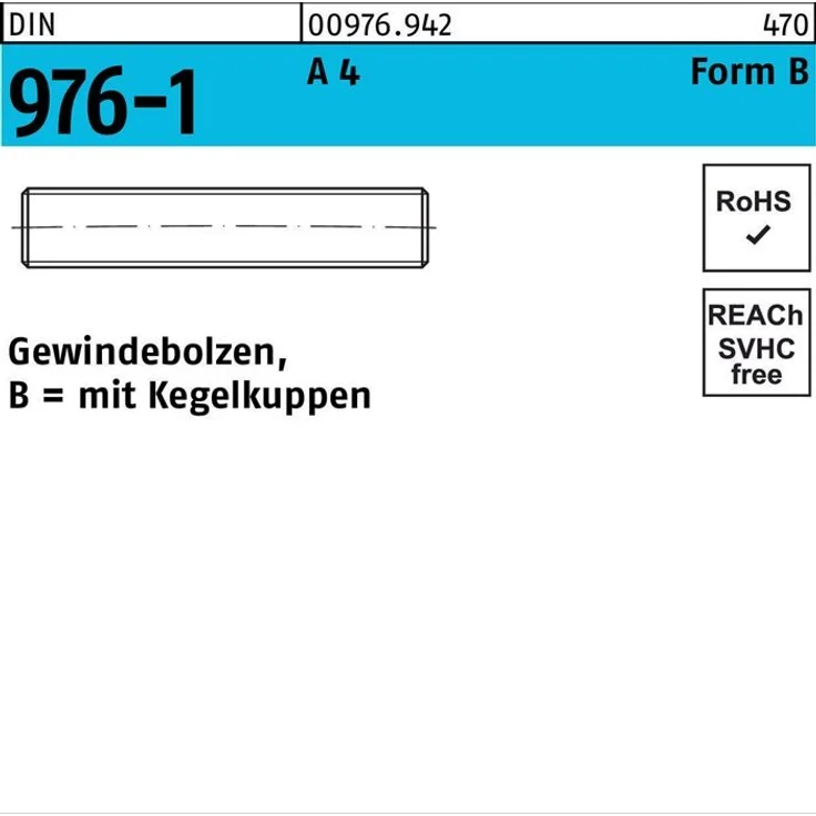 Gewindebolzen DIN 976 Kegelkuppen BM 12x 300 A 4 1 0 Stück