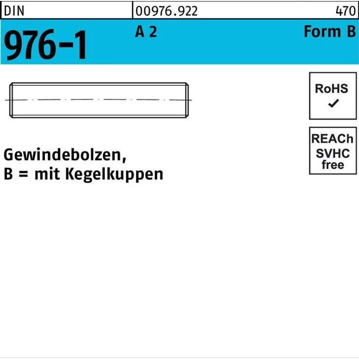 Gewindebolzen DIN 976 Kegelkuppen BM 12x 100 A 250 Stück