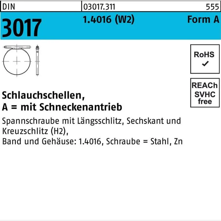 Reyher Schlauchschelle DIN 3017 W2 FormA 50- 70/9 C7 1.40 16 galv.verz. 50St.