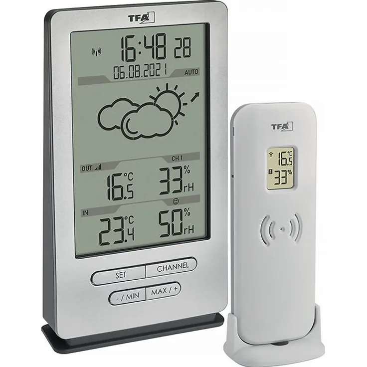 Funkwetterstation XENA H145xB82xT47mm silber Ku.f.innen/außen m.Symbolen u.Lu...