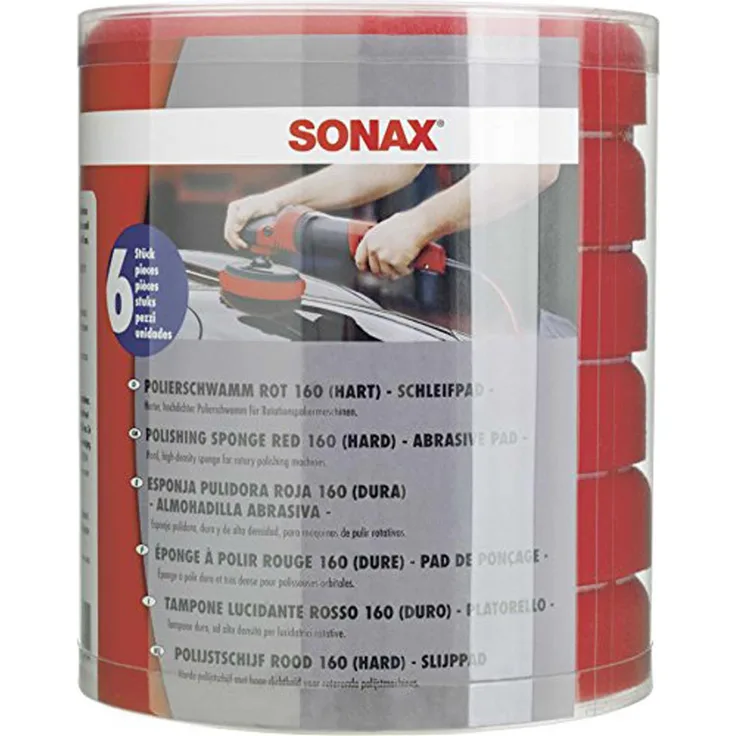 Sonax Polierschwamm, Zum maschinellen Schleifpolie 160 mm Durchmesser feinporig mit Klettverschluss hart, rot, Schleifpad, VPE 6 St