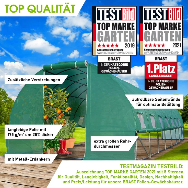 BRAST Gewächshaus Foliengewächshaus 300x800cm inkl. 6 Erdanker mit Stahlfundament aufrollbare Seitenwände schwere Qualität Folie 175g/m² – Bild 5