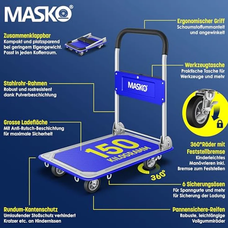 MASKO Transportwagen, Klappbarer Plattformwagen mit robustem Stahlrahmen, 150 kg Tragfähigkeit, Inkl. Arbeitshandschuhe – Bild 2