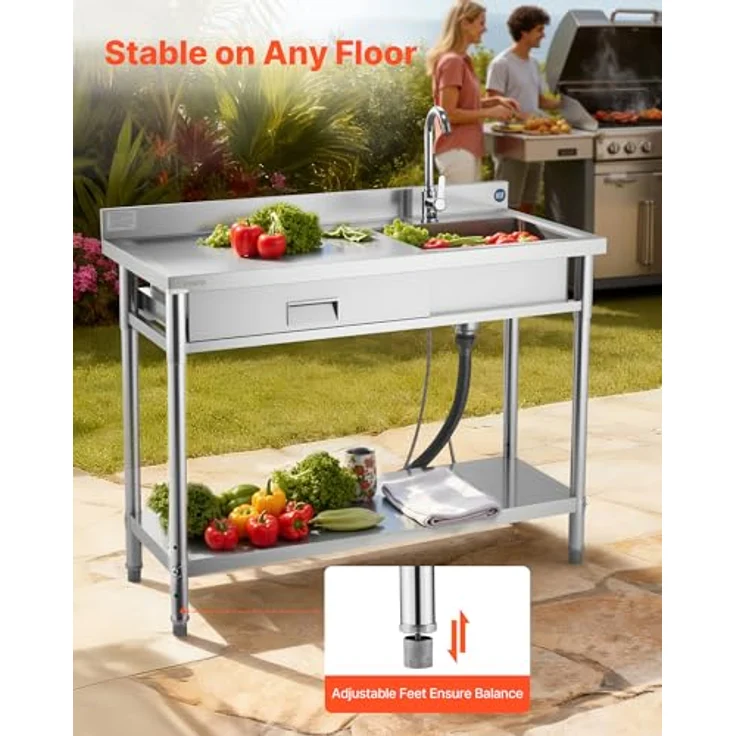 VEVOR Spültisch Spülbecken Edelstahl (120 x 50 x 94 cm), 4 in 1 Multifunktionsdesign mit 360° Wasserhahn & Schublade, ideal für Garage, Restaurant und Außennutzung – Bild 6