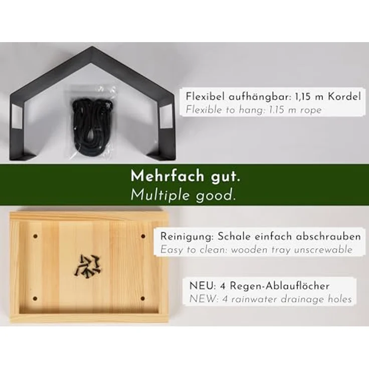 WONDERMAKE® Design Vogelhaus aus Metall und Holz wetterfest zum Aufhängen, modernes Vogelfutterhaus klein Metalldach hängend, Vogelhäuschen Futterhaus für Vögel, schwarz – Bild 3