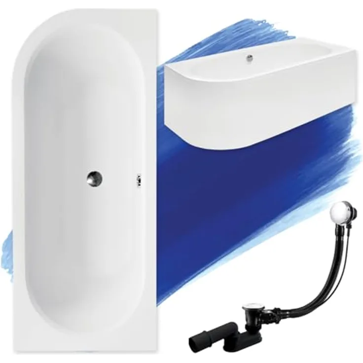 Besco BADLAND AVITA Eckbadewanne Weiß Acryl 180x80 cm, Komplettset mit Acrylschürze, Füßen und chrom Automatik Ablaufgarnitur, Made in EU
