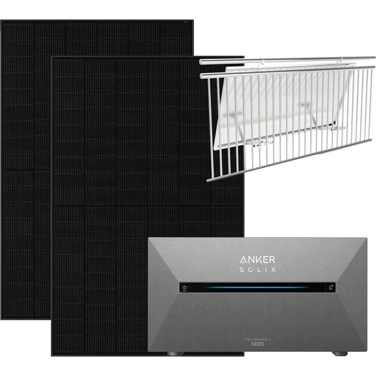 Anker Solix 900W Balkonkraftwerk mit Solarbank 2 Pro, 1,6 kWh Energiespeicher, 2x 450W JA SOLAR Monokristallin-Module, Halterung für Balkongeländer