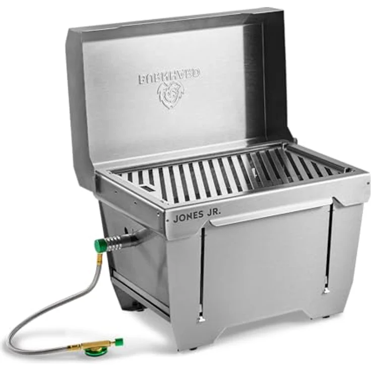 BURNHARD Camping Gasgrill Jones Jr. Edelstahl Klappgrill mit Deckel 1-Brenner 3,2 kW inkl. Transporttasche mit Rucksackfunktion und Multitool, Faltgrill ideal für Camping – Bild 1